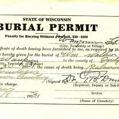 State of Wisconsin Burial Permit: Wm Walker