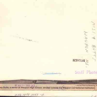 Info on back of photo with Missy Butts outside Waupun prison