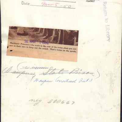 Back of photo of twine machines and prisoners-Waupun 1950