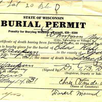 State of Wisconsin Burial Permit: Chas Rule