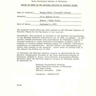 Notice of Entry on the National Register of Historic Places
