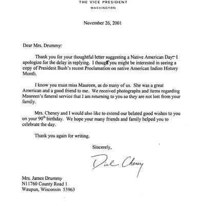 Letter sent by Vice President Dick Chaney to Minnie Drummy