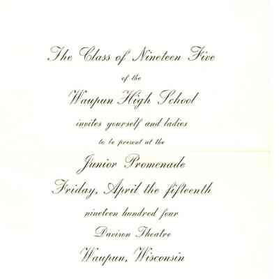 Invitation, Junior Prom, Waupun High School, 1905