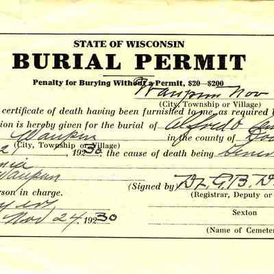 State of Wisconsin Burial Permit: Alfred O. Anderson