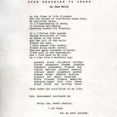 Poem, June Kelly, Upon Reaching 75 Years