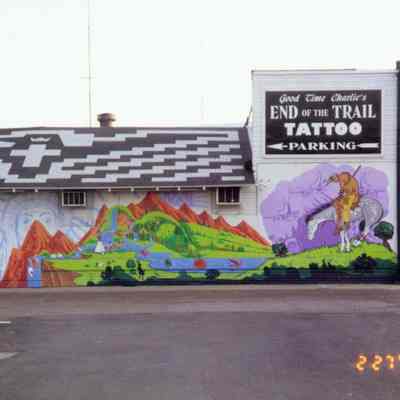 Photograph, Statue, Painting End of the Trail, On the Side of a Building, Modesta