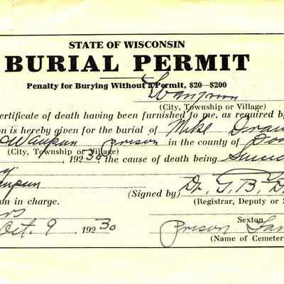 State of Wisconsin Burial Permit: Mike Drause