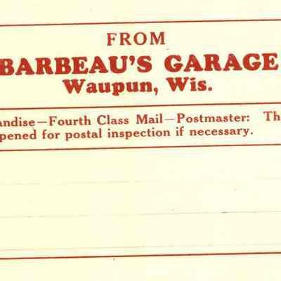 Shipping label from Barbeau's Garage