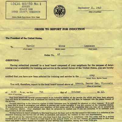 "Order to Report for Induction" sent to Harold Lemmens on 9/21/1942