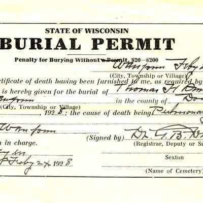 State of Wisconsin Burial Permit: Thomas H. Small