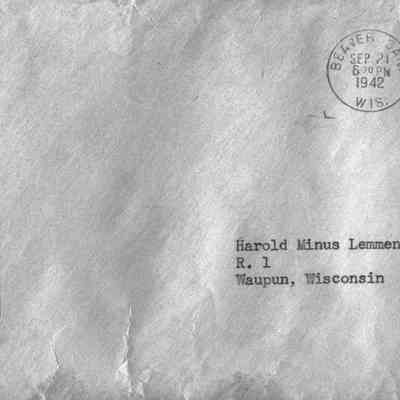 Envelope the of "Order to Report for Induction" sent to Harold Lemmens on 9/21/1942