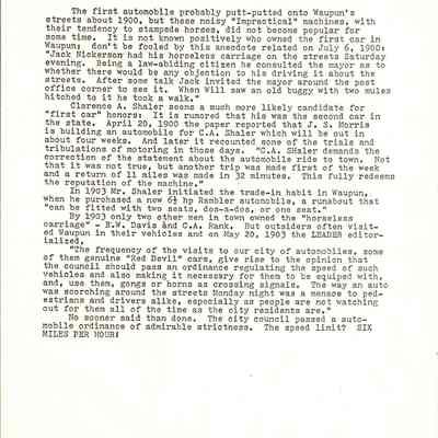 Document, First Horseless Carriage Arrives in City in 1900
