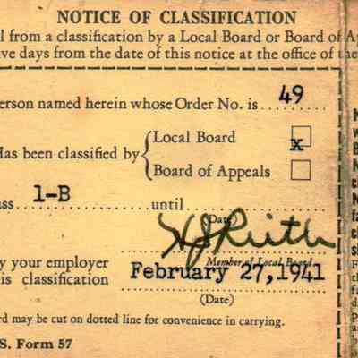 "Notice of Classification" 1-B sent to Harold Lemmens on Feburary 27, 1941