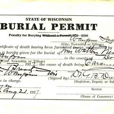 State of Wisconsin Burial Permit: Wm Walter Neitzel
