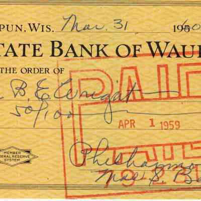 Philharmonic, Music Club, Cancelled Check, State Bank of Waupun