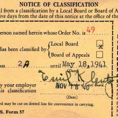 "Notice of Classification" 2-A sent to Harold Lemmens on November 18, 1940