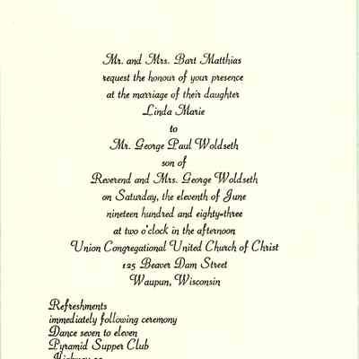 Invitation to Matthias Woldseth wedding.