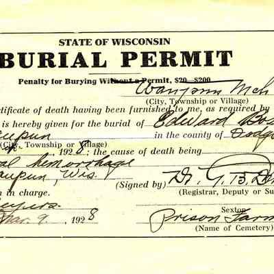 State of Wisconsin Burial Permit: Edward Bosner