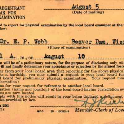 Notice to appear for physical exam sent to Harold Lemmens on August 5, 1942