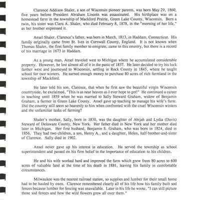 Booklet about Clarence Addison Shaler