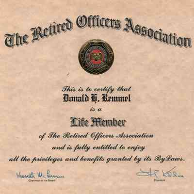 Certificate, Retired Officers Assocuation, Life Member, Donald Remmel