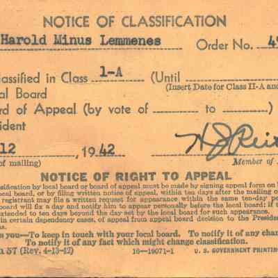 "Notice of Classification" 1-A sent to Harold Lemmens on August 12, 1942