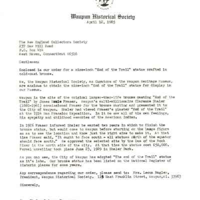 Letter for ordering 9" End of the Trail statue