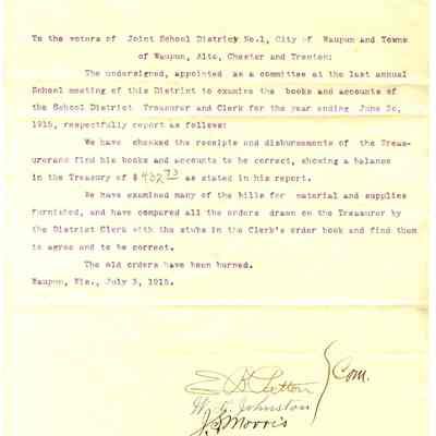 Letter giving balance in school Treasury -1915