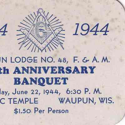 Card, Masonic Lodge No 48, F & A M, 90th Anniversary Banquet, 1854 - 1944