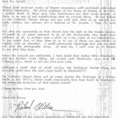 Letter, Brief History of Philip Odenbrett Organ Business
