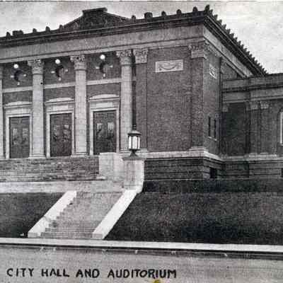 Postcard, City Hall, and Auditorium.