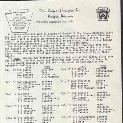 Insert, Tee-Ball Schedule for 1984