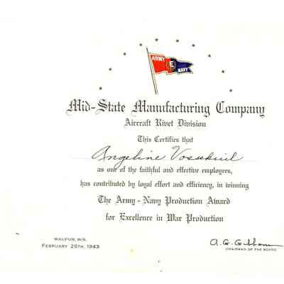 Certificate, WWII, Mid-State Manufacturing Company, Aircraft Rivet Division, Angeline Vossekuil