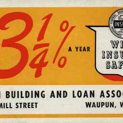 Card, Waupun Building and Loan Association, Latest Dividend Rate 3 1/4%