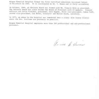 Historical info on Waupun Memoria Hospital cont.'
