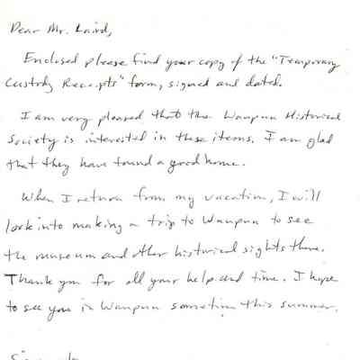 Letter, Temporary Custody Form Return, Handcrafters