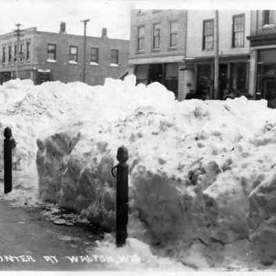 Postcard, Main Street, Snow Storm. The card is dated 1918