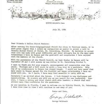 Resignation Letter, Church, Union-Congregational, UCC, Woldseth