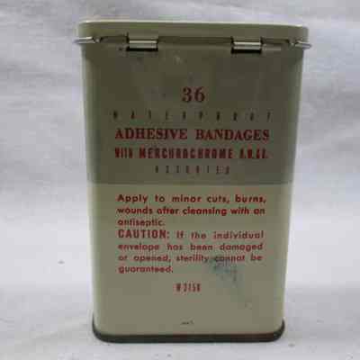 Back view of metal container of bandgages,