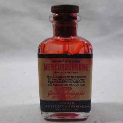 Bottle of mercurochrome in firstaid kit.
