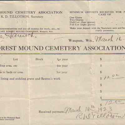 Receipt, Forest Mound Cemetery, Charles Hanisch