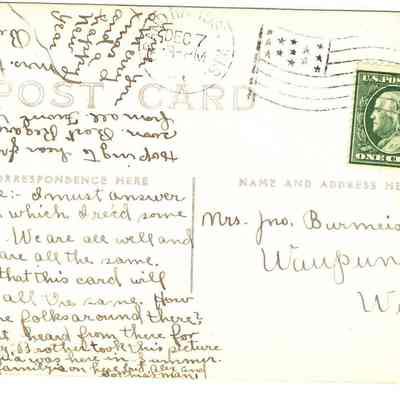 Back of postcard photo to Mrs. Jno. Burmeister.