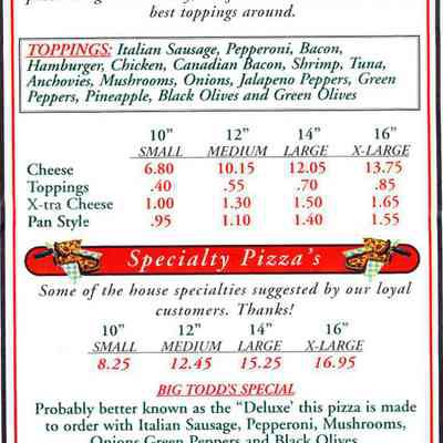 Menu and ad from Todd's Pizza.
