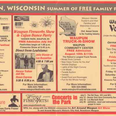 Placemat, Festivals and Events, 2012, Celebrate Waupun, Fireworks and Cajun Dance Party, Truck n Show, Volksfest, Concerts in the Park