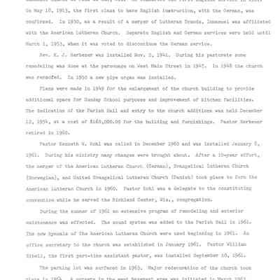 Historical info on Immanual Lutheran cont.'
