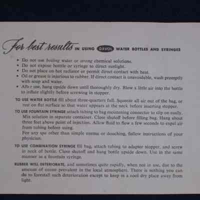 Directions for use of hotwater bottle & syringe.