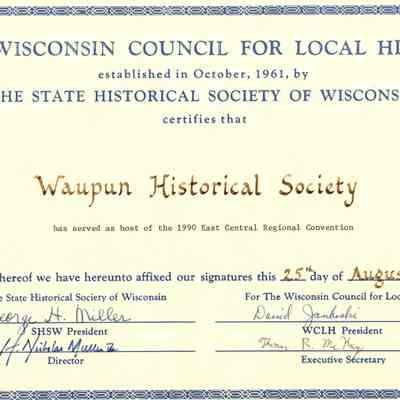 Certificate from the Wis. Historical Society