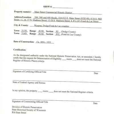 Determination of Eligibility form - Main Street, Waupun