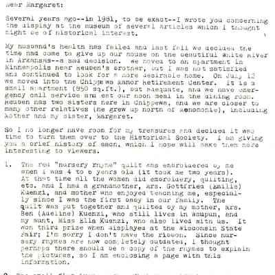 Letter, Sidonia Kuenzi Retz to Margaret Berg, Waupun Historical Society