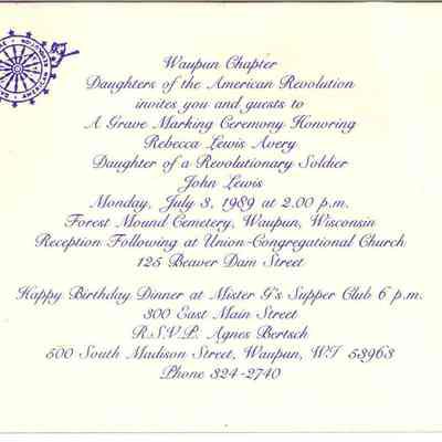 Invitation, Daughter of the American Revolution, Grave Marking Ceremony, Sesquicentennial, 150th Anniversary